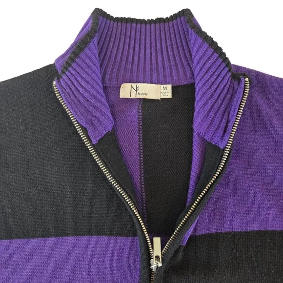 Neve Women Full Zip Mock Neck Poly Wool Cardigan Sweater Purple Black Medium