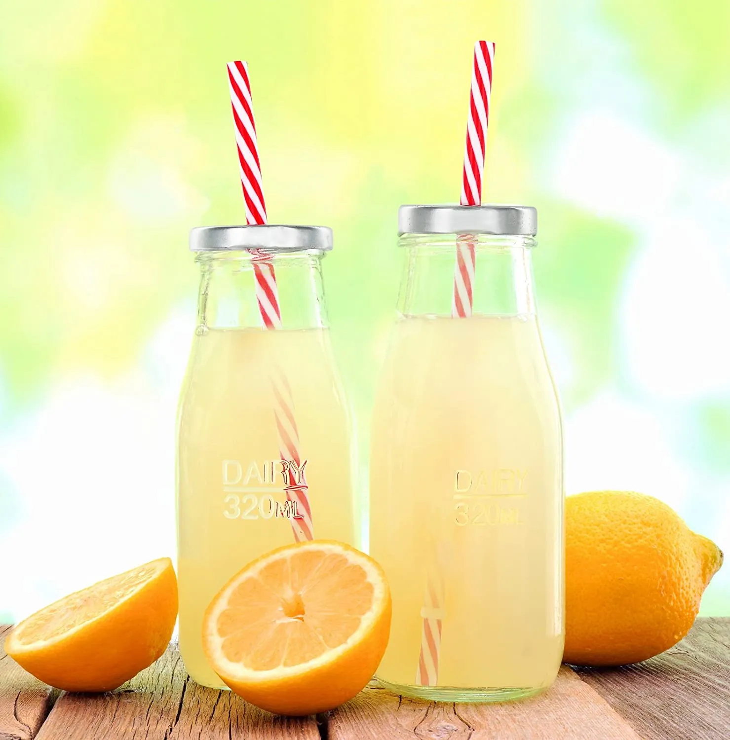 New in box! Estilo EST2791 Dairy Reusable Glass Milk Bottles with Straws and Metal Screw on Lids, Set of 6, 10.5 oz, Clear