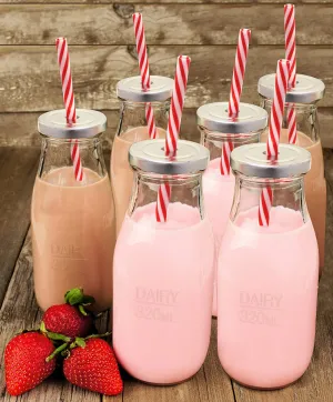 New in box! Estilo EST2791 Dairy Reusable Glass Milk Bottles with Straws and Metal Screw on Lids, Set of 6, 10.5 oz, Clear
