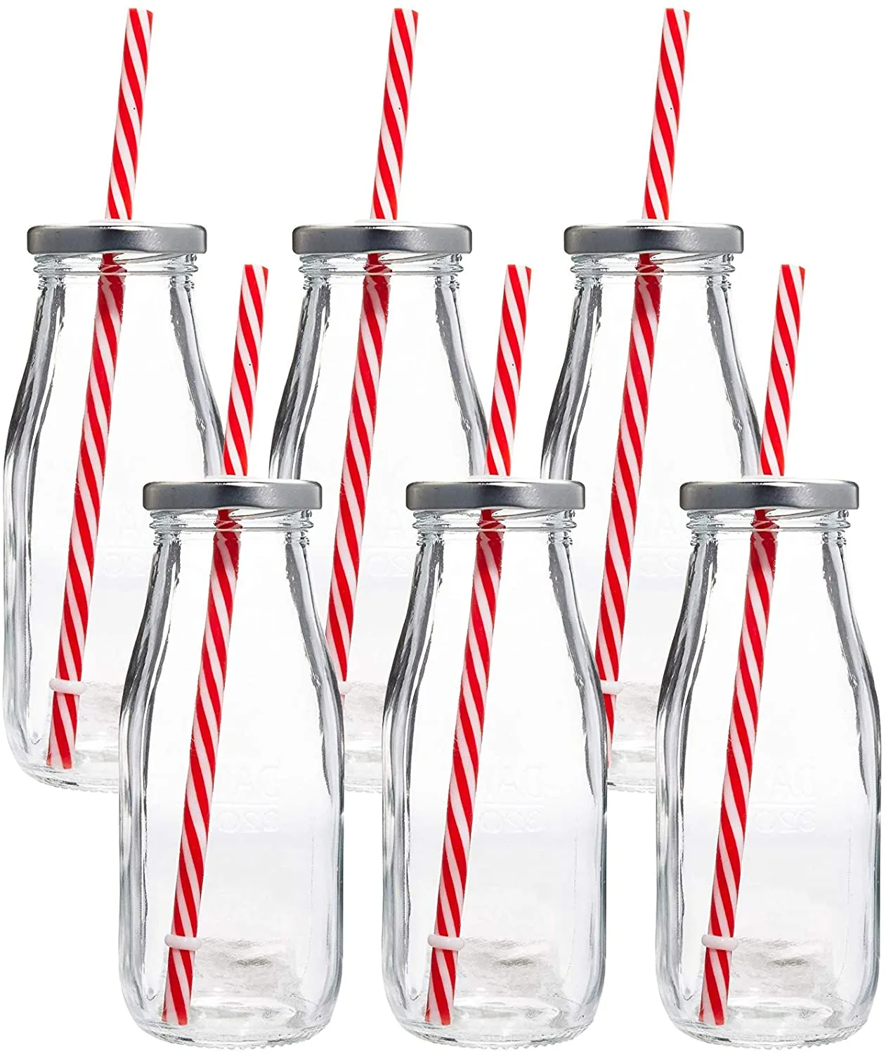 New in box! Estilo EST2791 Dairy Reusable Glass Milk Bottles with Straws and Metal Screw on Lids, Set of 6, 10.5 oz, Clear
