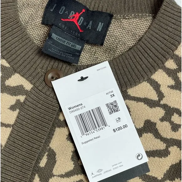 NWT JORDAN SWEATER CARDIGAN WOMENS 3X BROWN TAN JACQUARD PRINT CREW NECK BUTTONS