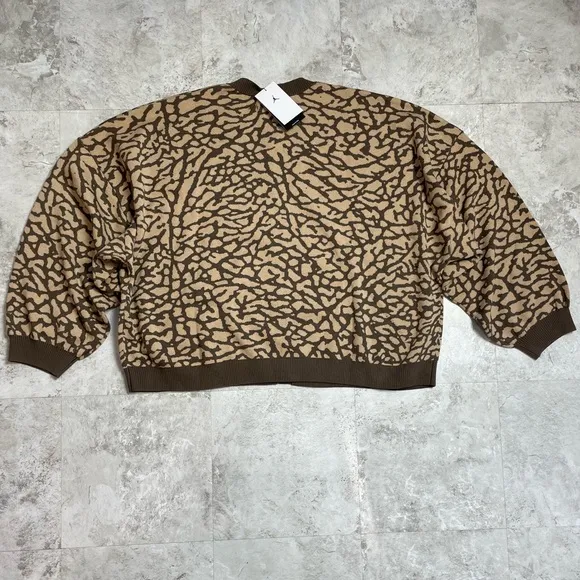 NWT JORDAN SWEATER CARDIGAN WOMENS 3X BROWN TAN JACQUARD PRINT CREW NECK BUTTONS