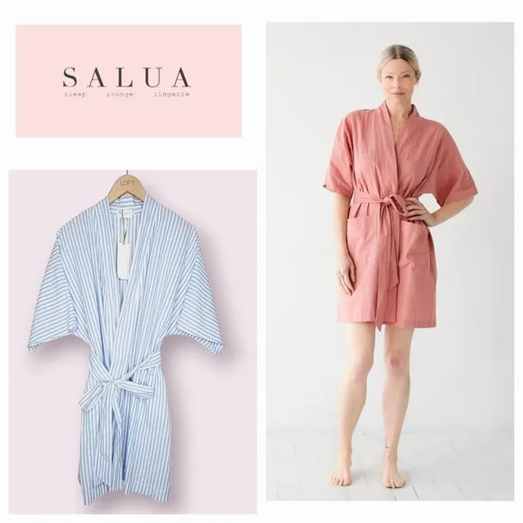 NWT Salua Summer Day Robe in a baby blue stripe pattern