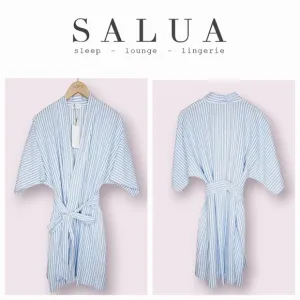 NWT Salua Summer Day Robe in a baby blue stripe pattern