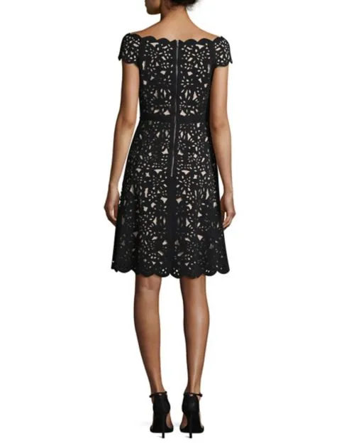 Off-the-Shoulder Laser Cut Dress in Beige