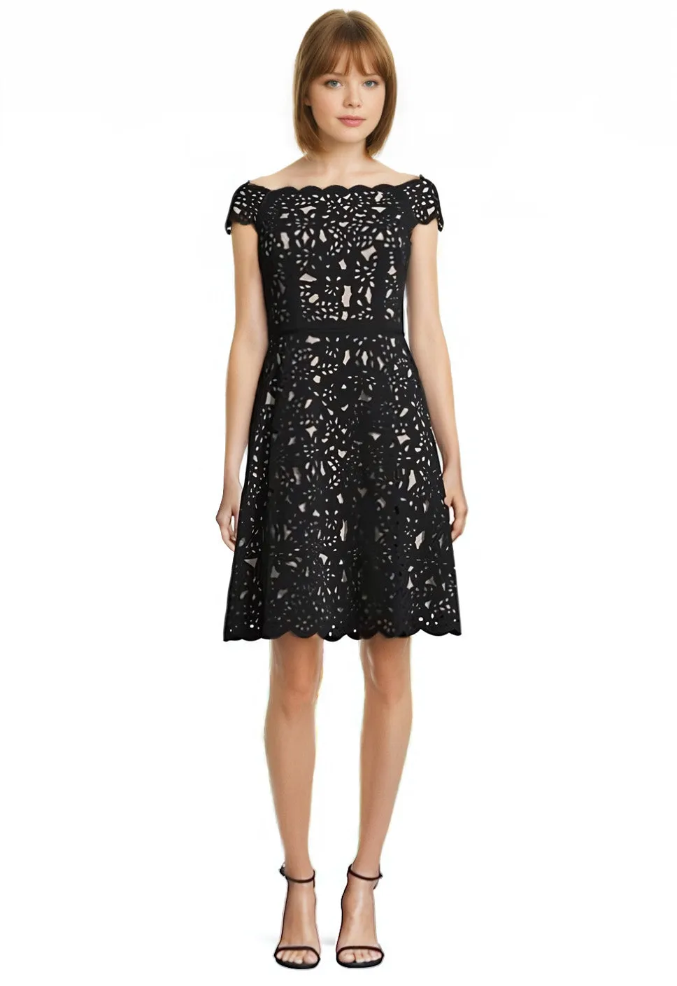 Off-the-Shoulder Laser Cut Dress in Beige