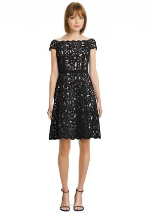 Off-the-Shoulder Laser Cut Dress in Beige