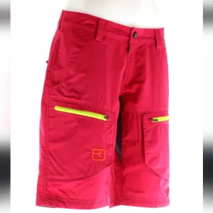 Ortovox fuscia hiking shorts with yellow and orange accents