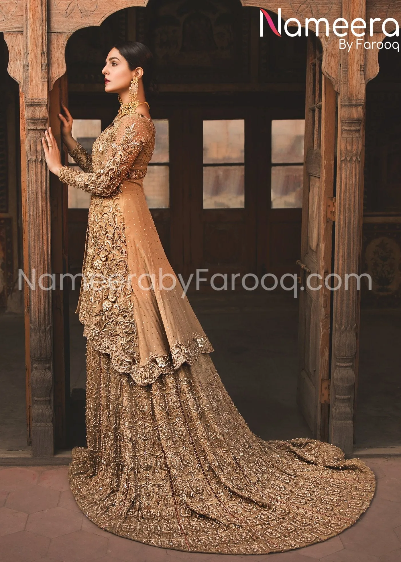Peach Bridal Dress Pakistani Designer Attire #BN206