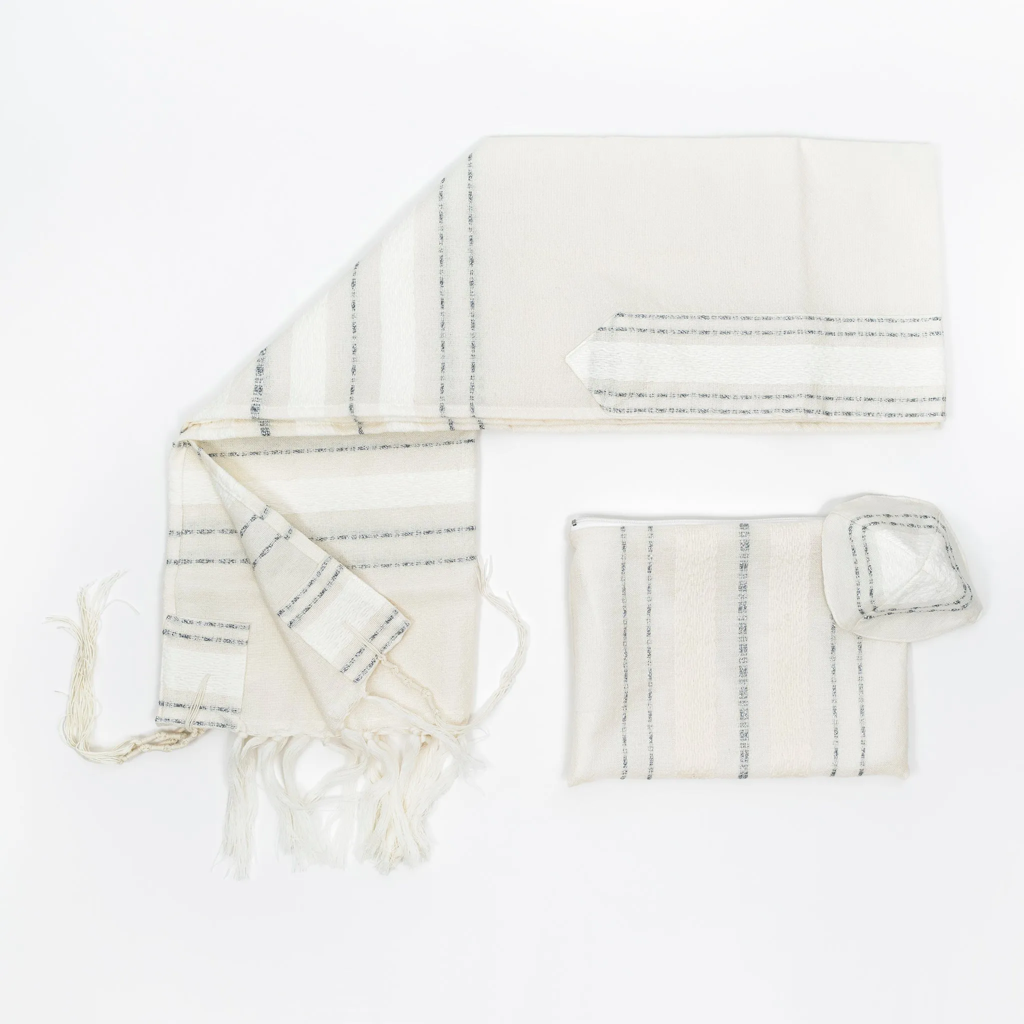 Perach - Wool Tallit - Silver Stripes on Off-White