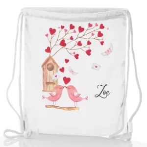 Personalised Glitter Drawstring Backpack with Stylish Text and Love Bird Letters Print