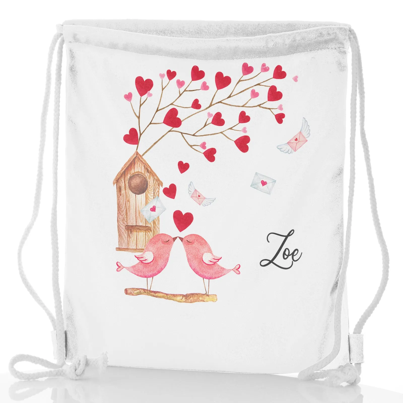 Personalised Glitter Drawstring Backpack with Stylish Text and Love Bird Letters Print