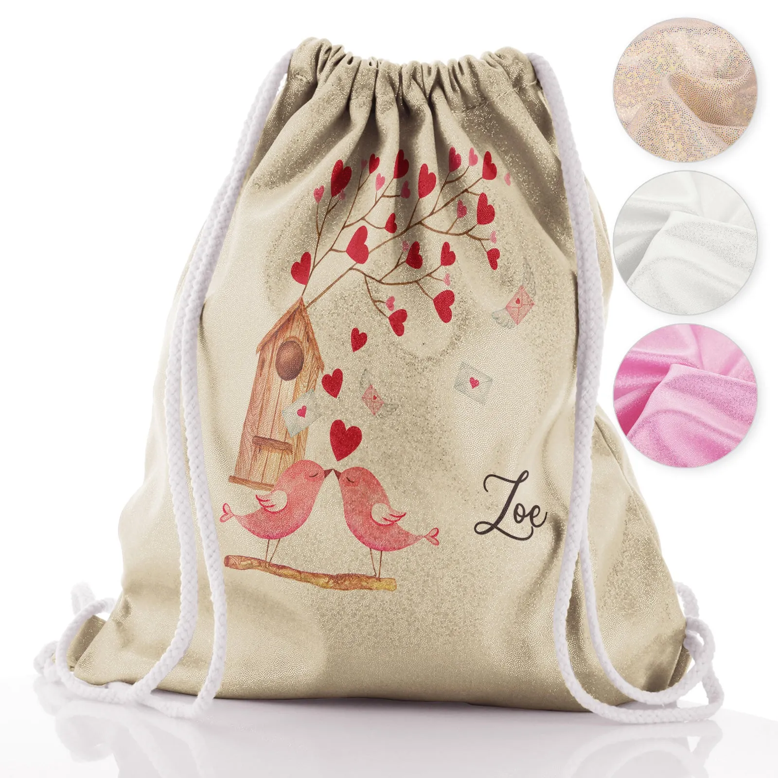 Personalised Glitter Drawstring Backpack with Stylish Text and Love Bird Letters Print