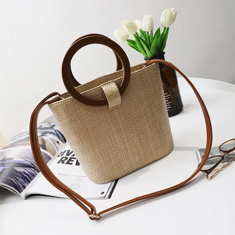 Personalized Custom Straw Women's Bag Vacation Beach Bag Khaki Bucket Bag Handbag Shoulder Slung