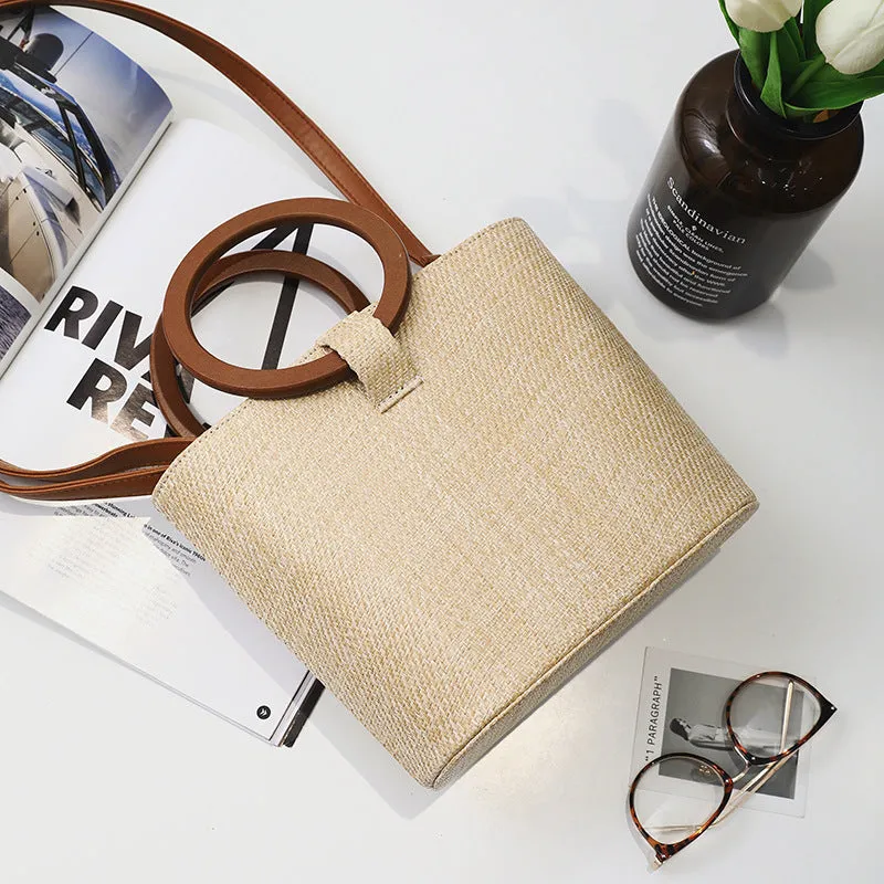 Personalized Custom Straw Women's Bag Vacation Beach Bag Khaki Bucket Bag Handbag Shoulder Slung