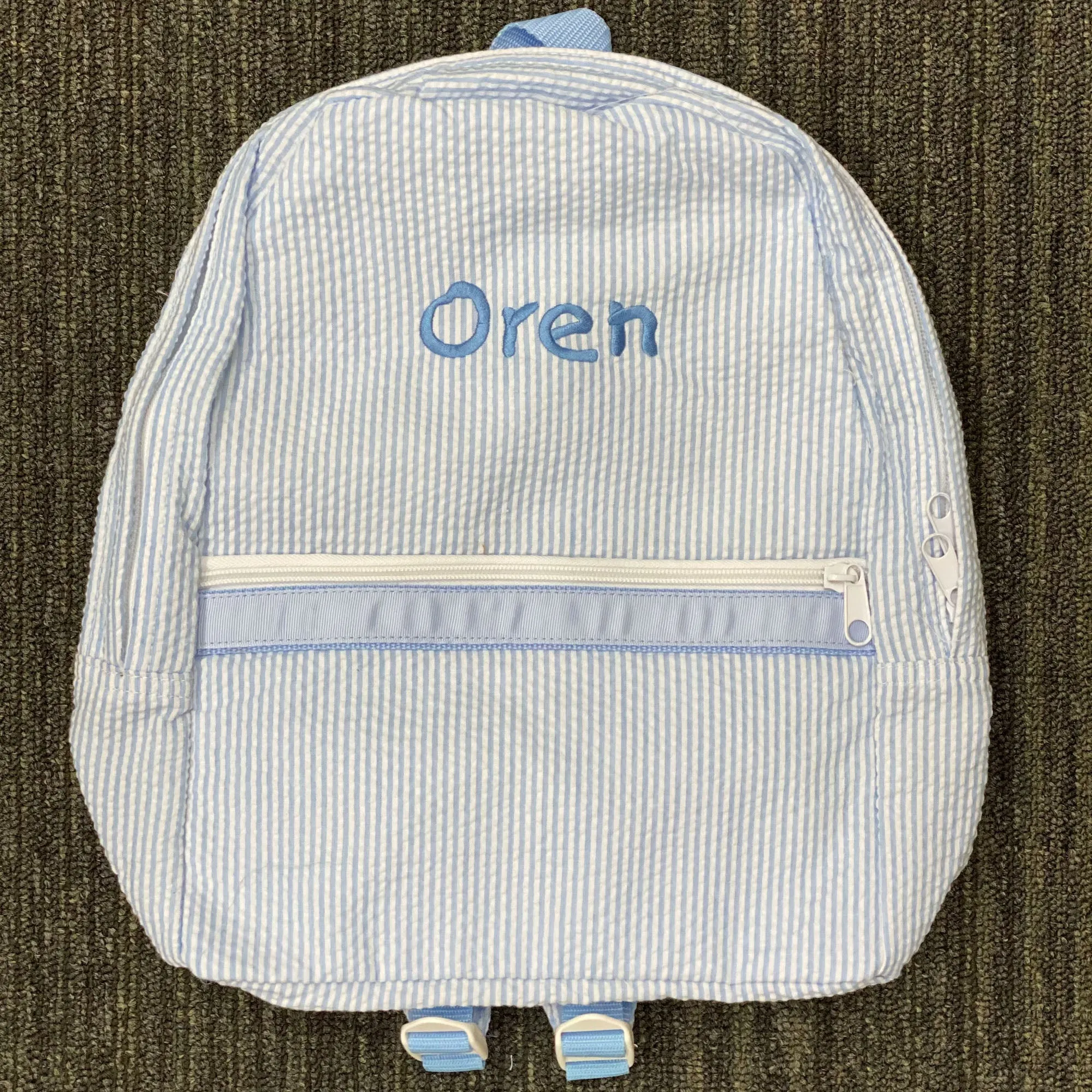 Personalized Seersucker Baby Blue Large Backpack