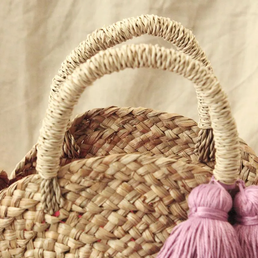 Petite Luna Bag - Round Straw Tote Bag with Lavender Purple Tassels