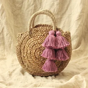 Petite Luna Bag - Round Straw Tote Bag with Lavender Purple Tassels