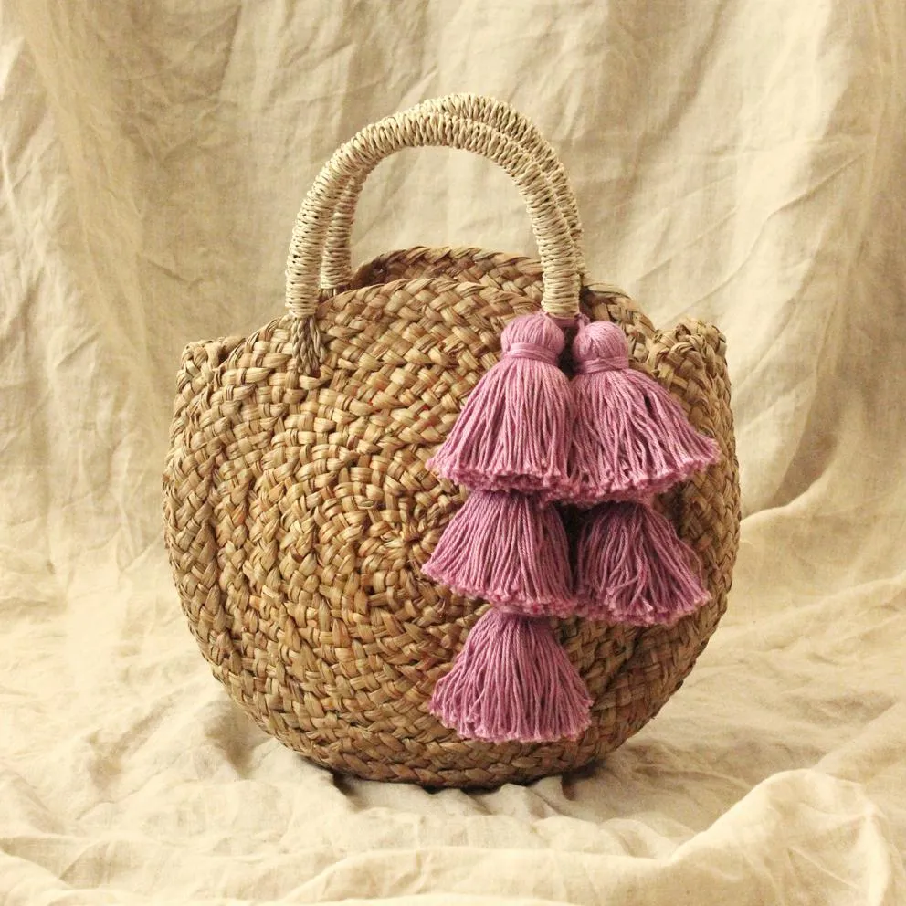 Petite Luna Bag - Round Straw Tote Bag with Lavender Purple Tassels