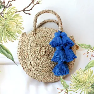 Petite Luna Bag - Round Straw Tote Bag with Royal