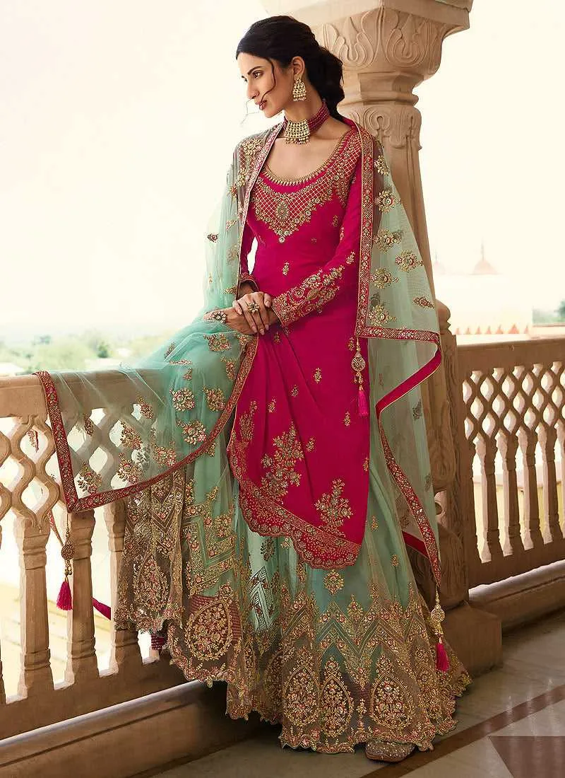 Pink and Aqua Designer Heavy Embroidered Lehenga