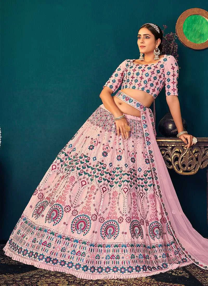 Pink Multicolor Heavy Embroidered Designer Lehenga Choli