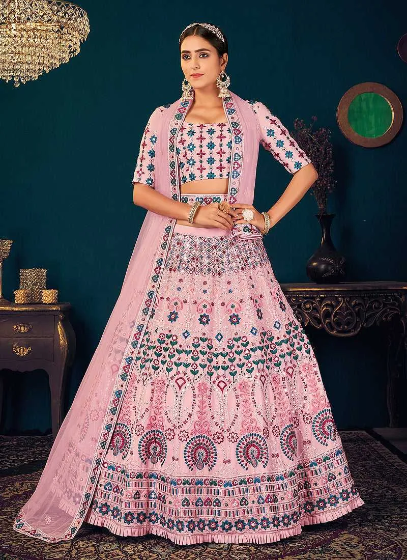 Pink Multicolor Heavy Embroidered Designer Lehenga Choli