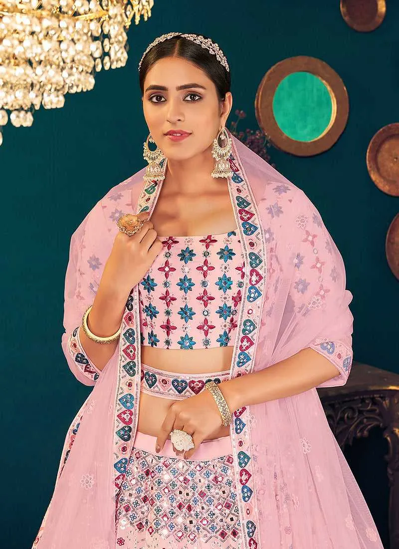 Pink Multicolor Heavy Embroidered Designer Lehenga Choli