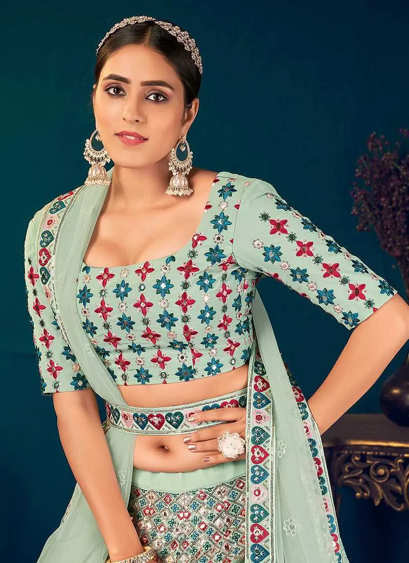 Pista Multicolor Heavy Embroidered Designer Lehenga Choli