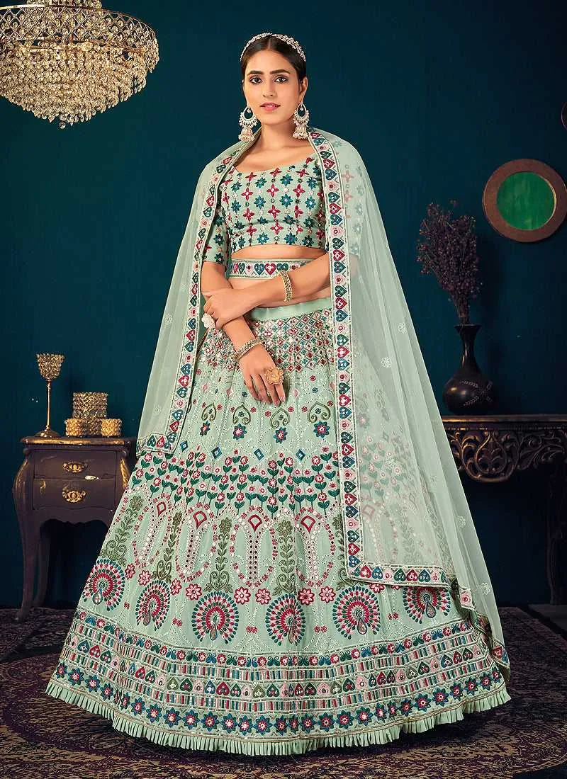 Pista Multicolor Heavy Embroidered Designer Lehenga Choli