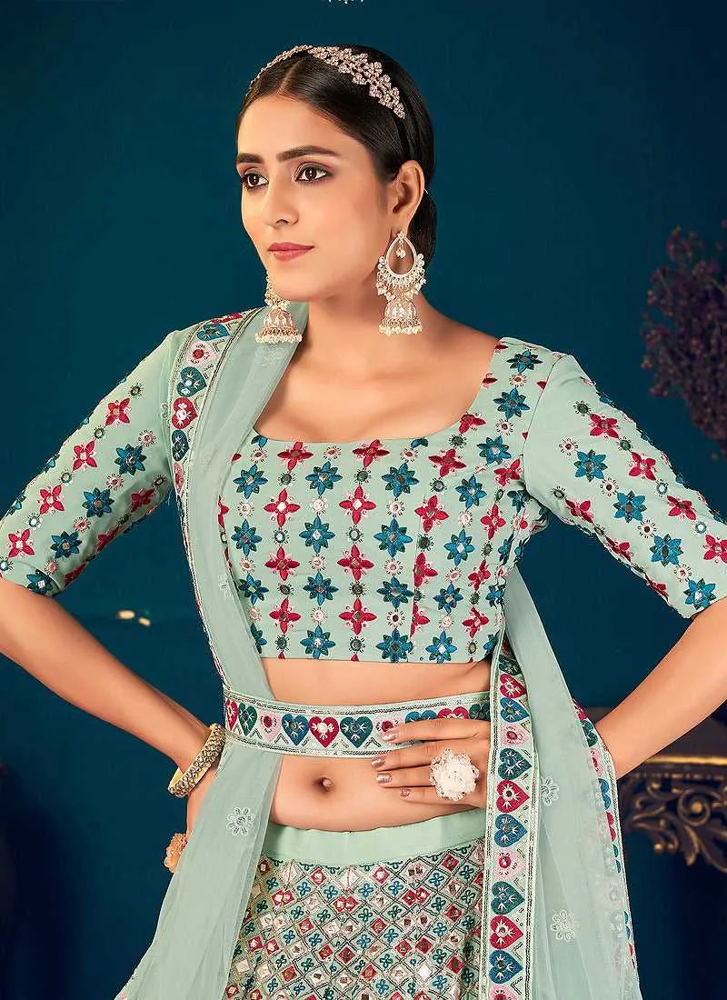 Pista Multicolor Heavy Embroidered Designer Lehenga Choli