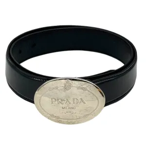 PRADA Patent Leather Belt with Silver Oval Logo Buckle - Black