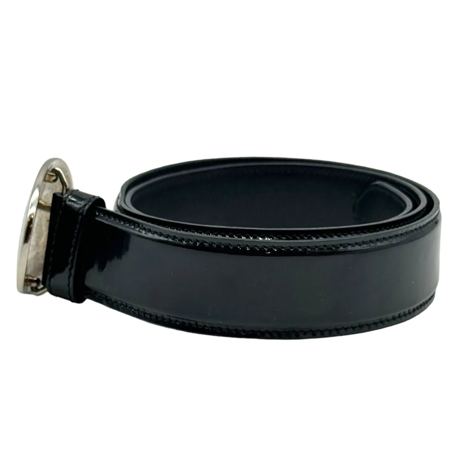 PRADA Patent Leather Belt with Silver Oval Logo Buckle - Black