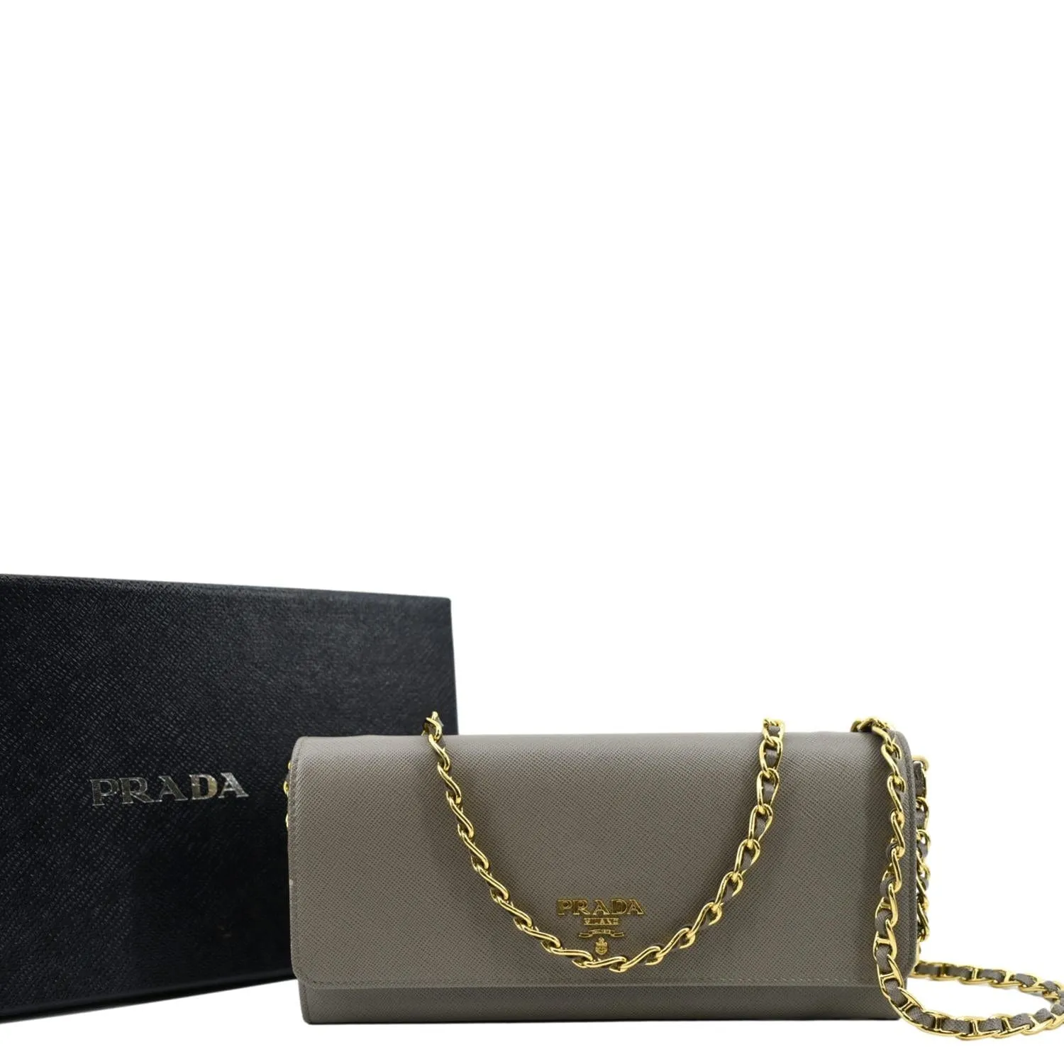 PRADA Saffiano Leather Wallet on Chain Clutch Crossbody Bag Argilla 1mt290