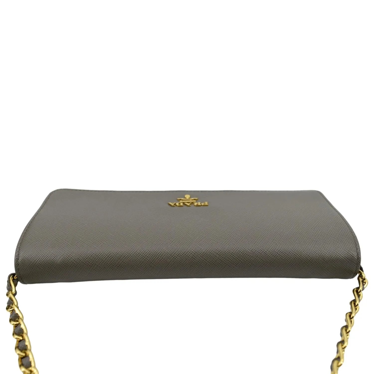 PRADA Saffiano Leather Wallet on Chain Clutch Crossbody Bag Argilla 1mt290