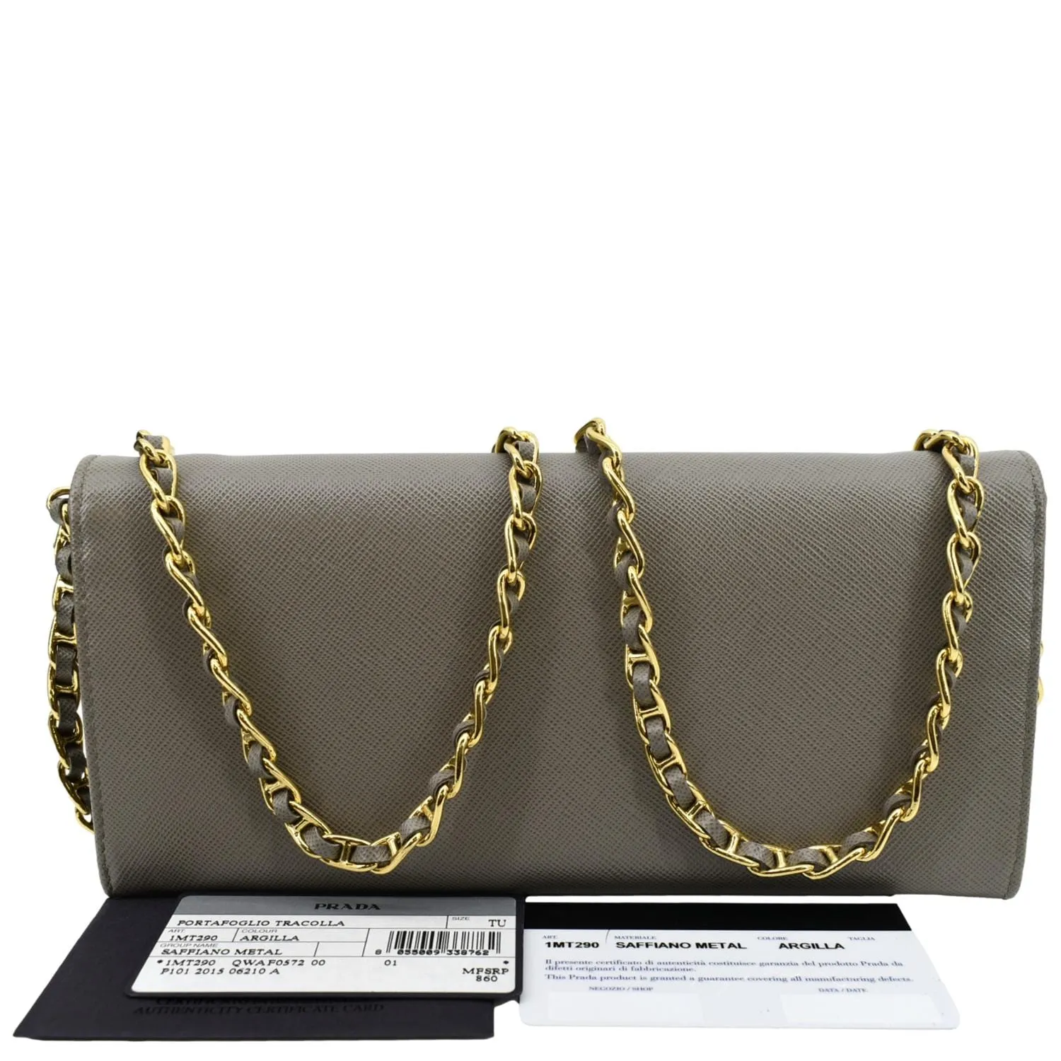 PRADA Saffiano Leather Wallet on Chain Clutch Crossbody Bag Argilla 1mt290
