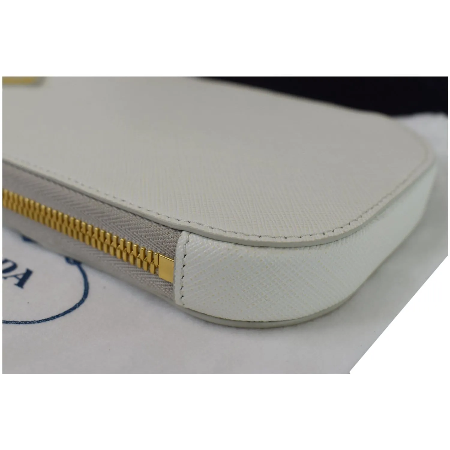 PRADA Saffiano Triangle Leather Crossbody Phone Pouch Bag White