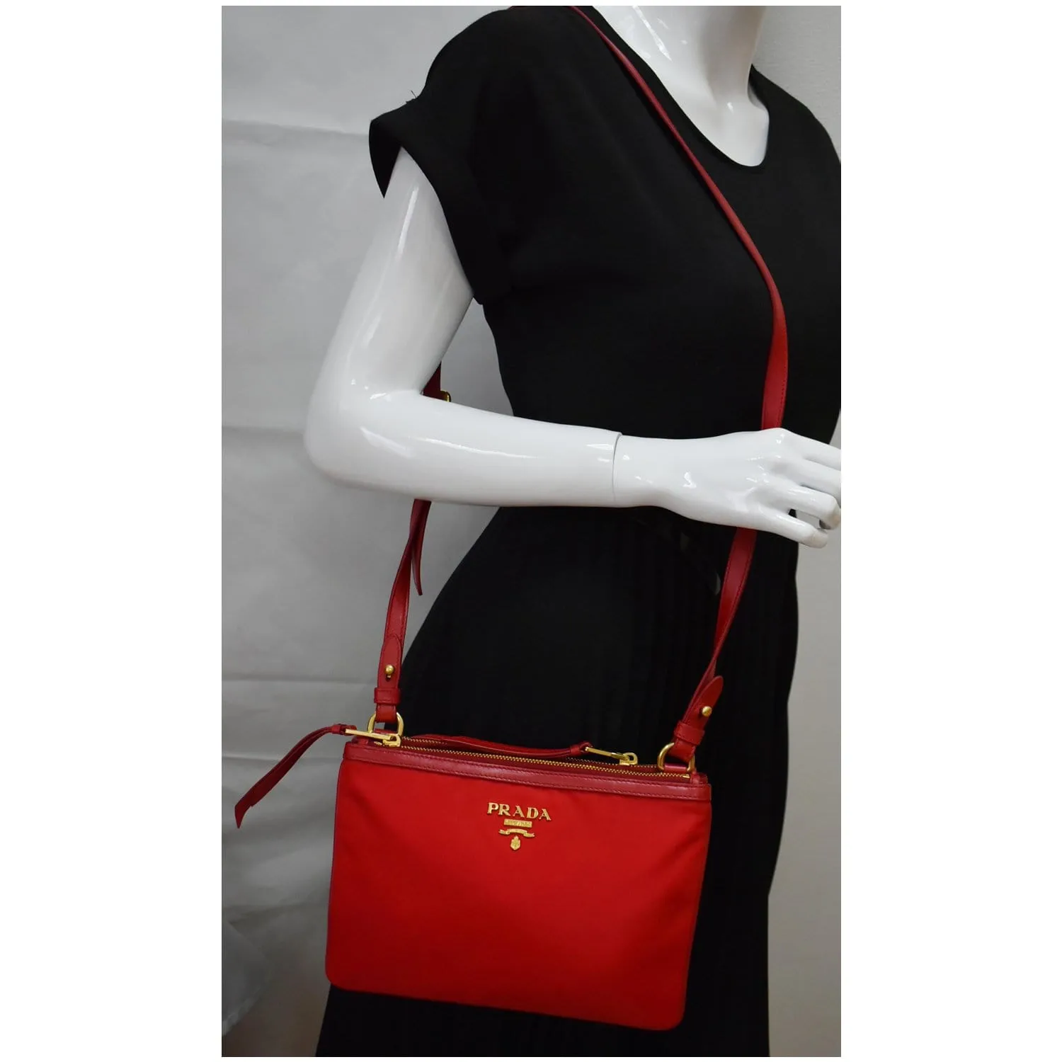 PRADA Tessuto Bandoliera Double Zip Nylon Crossbody Bag Red