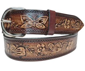 "Flowers and the Butterfly" Leather Belt  "Quick Ship"