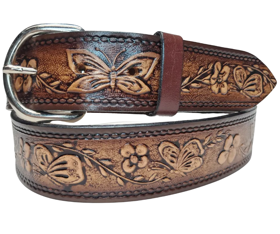 "Flowers and the Butterfly" Leather Belt  "Quick Ship"