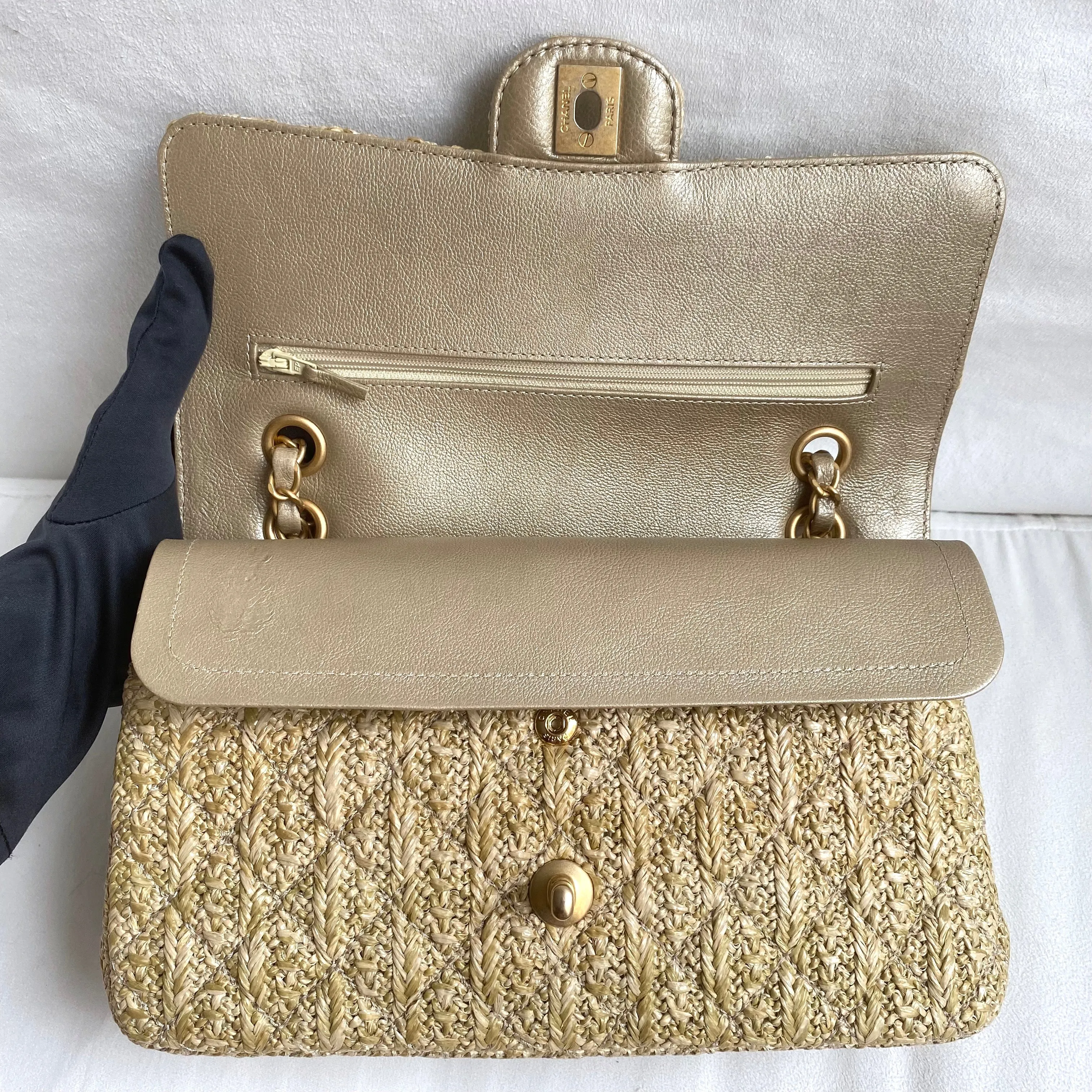 Raffia Woven Straw Medium Classic Double Flap Bag