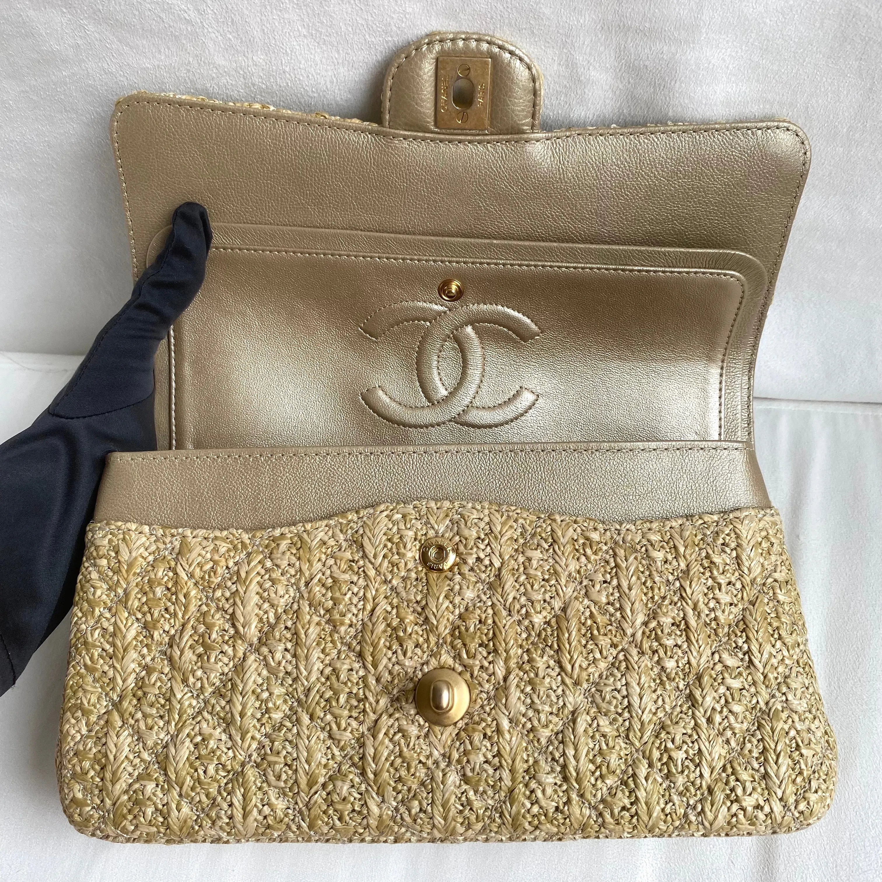 Raffia Woven Straw Medium Classic Double Flap Bag