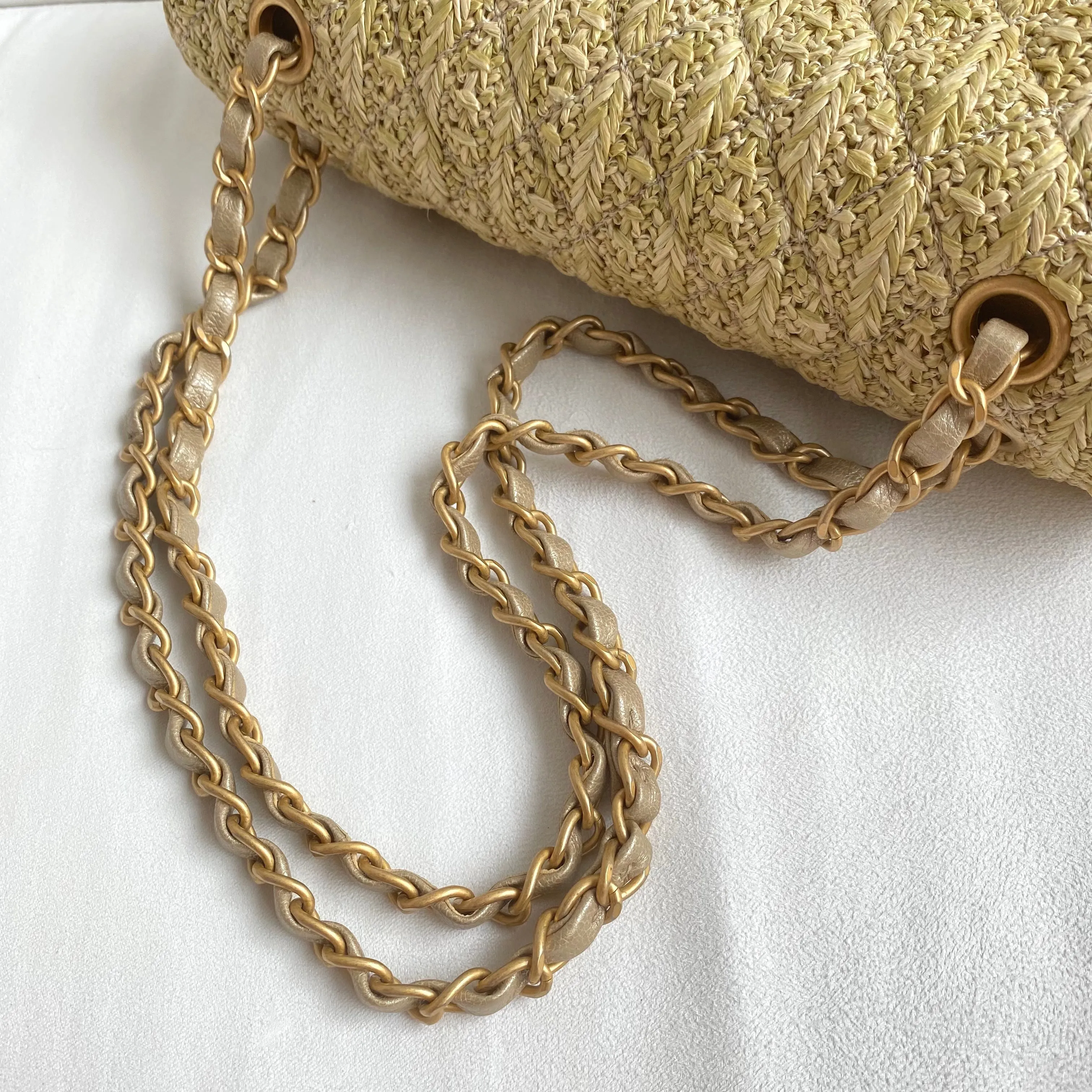 Raffia Woven Straw Medium Classic Double Flap Bag