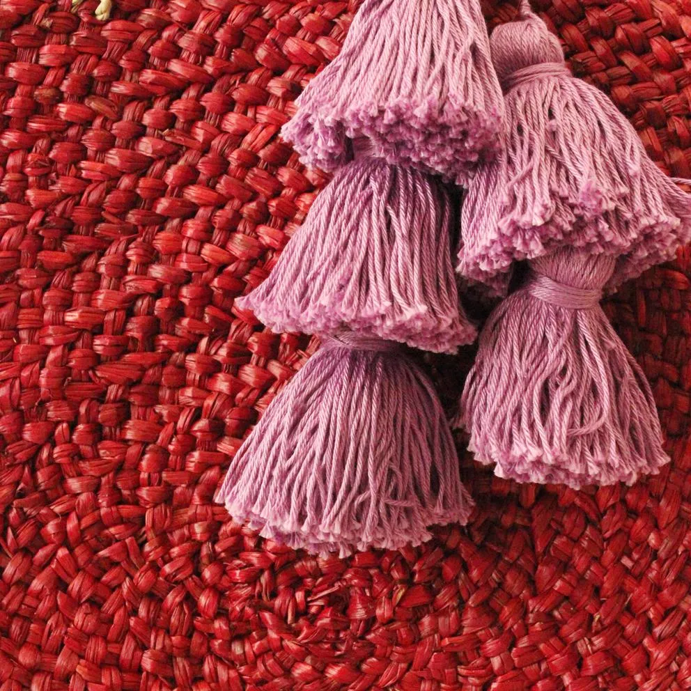 Red Luna Bag - Round Handwoven Straw Tote Bag with Purple Tassels