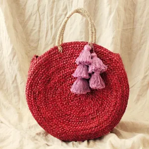 Red Luna Bag - Round Handwoven Straw Tote Bag with Purple Tassels