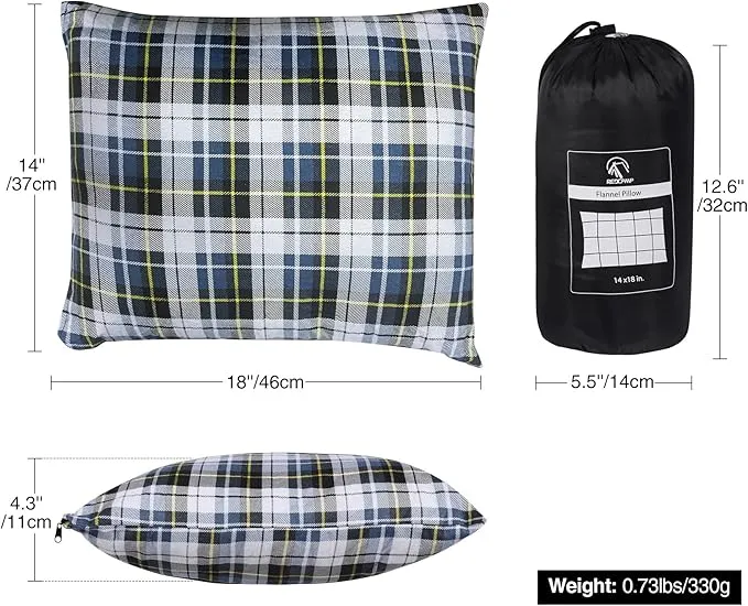 REDCAMP Small Camping Pillow Lightweight and Compressible, Flannel Travel Pillow with Removable Pillow Cover (Square Blue and Grey)