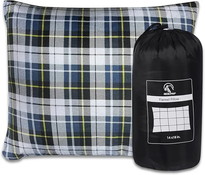 REDCAMP Small Camping Pillow Lightweight and Compressible, Flannel Travel Pillow with Removable Pillow Cover (Square Blue and Grey)