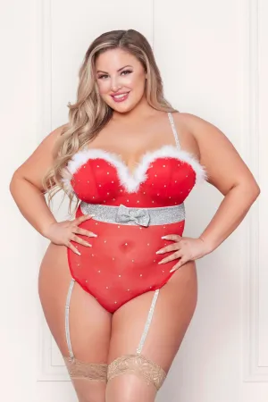 Rhinestone Studded Mesh Teddy With Marabou Trim -  1x/2x - Red