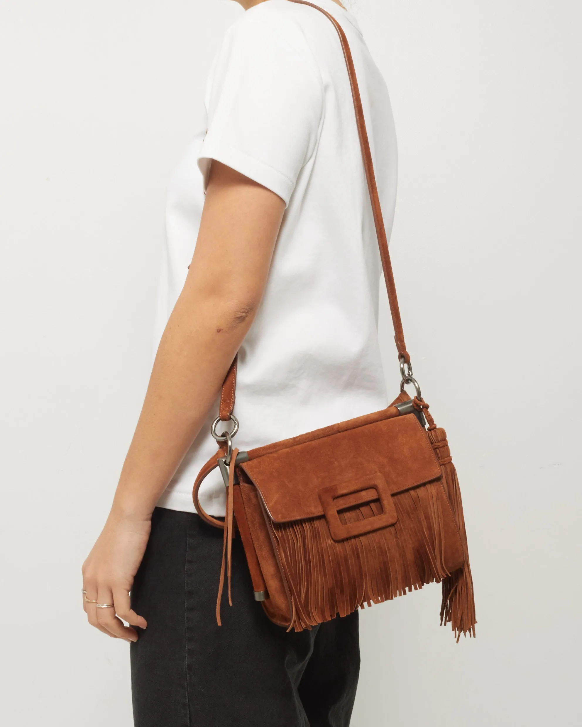 Roger Vivier Camel Suede Fringe Crossbody Bag