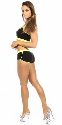 Sexy Neon Trim Fit Super Set Low Rise Athletic Gym Shorts - Black/Neon Yellow